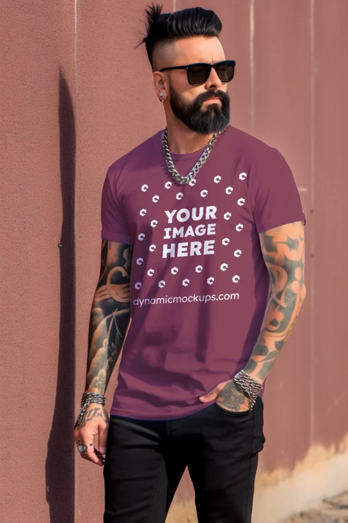 Man Wearing Maroon T-shirt Mockup Front View Template