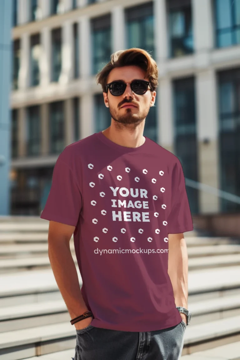 Man Wearing Maroon T-shirt Mockup Front View Template