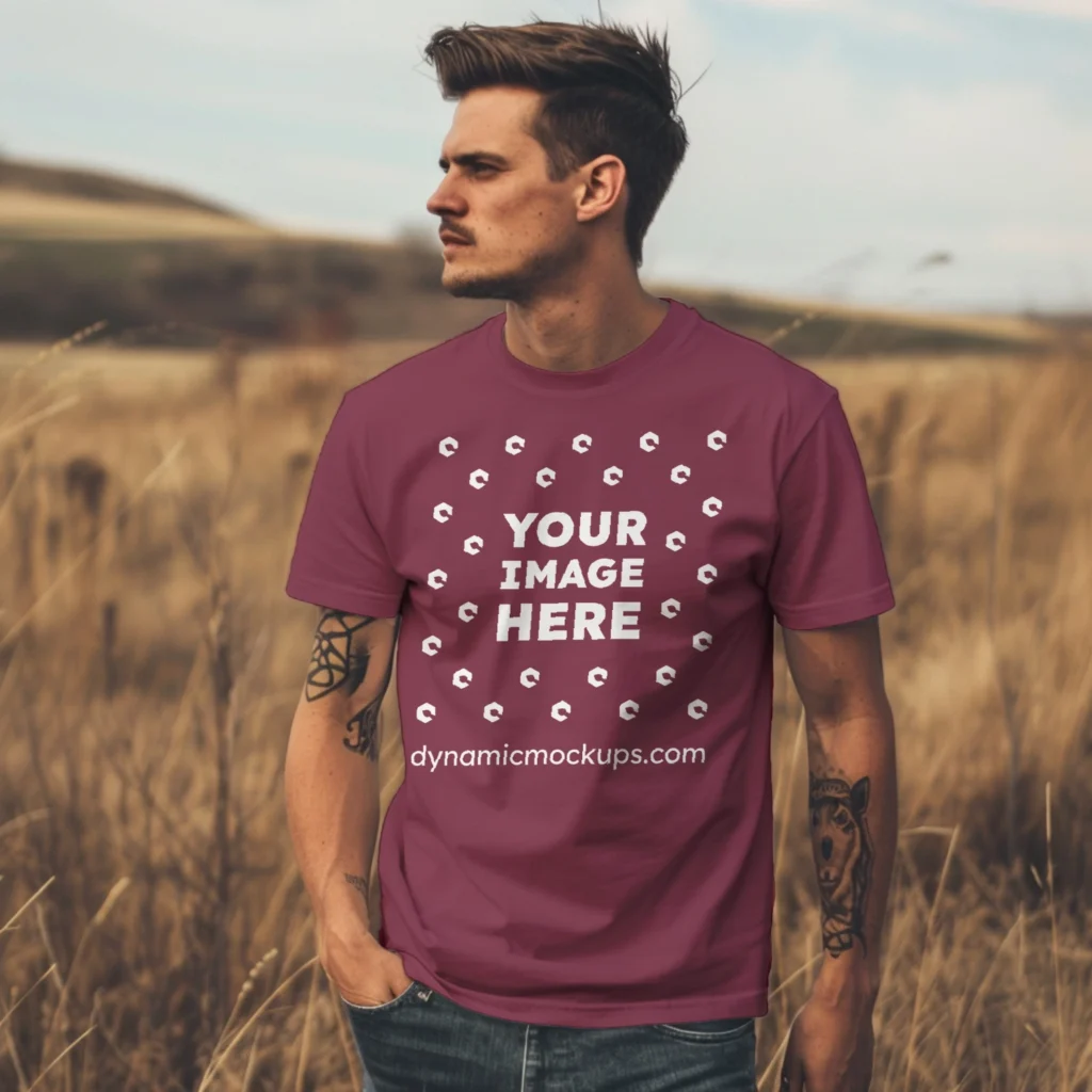 Man Wearing Maroon T-shirt Mockup Front View Template