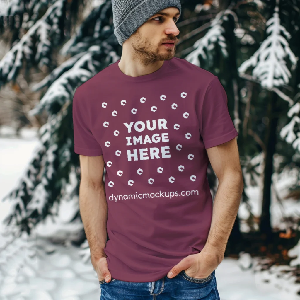 Man Wearing Maroon T-shirt Mockup Front View Template