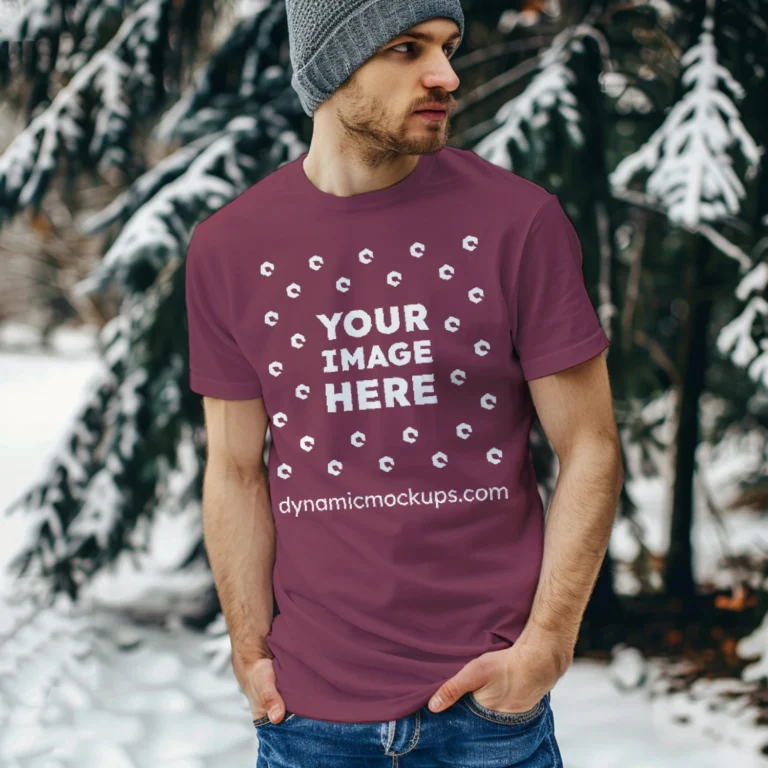 Man Wearing Maroon T-shirt Mockup Front View Template