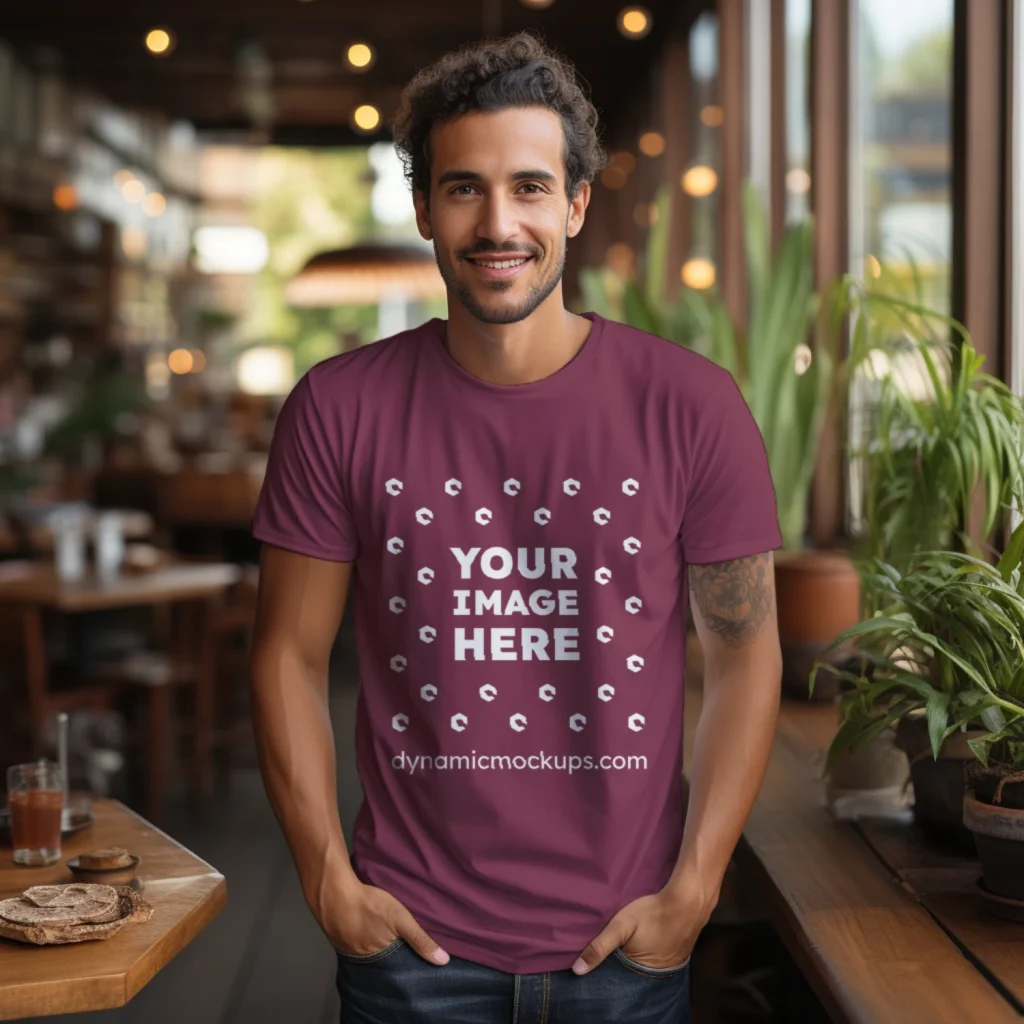 Man Wearing Maroon T-shirt Mockup Front View Template