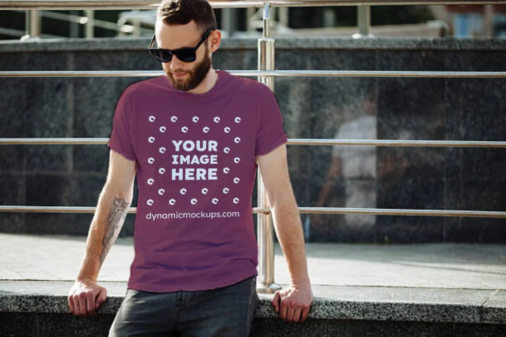 Man Wearing Maroon T-shirt Mockup Front View Template