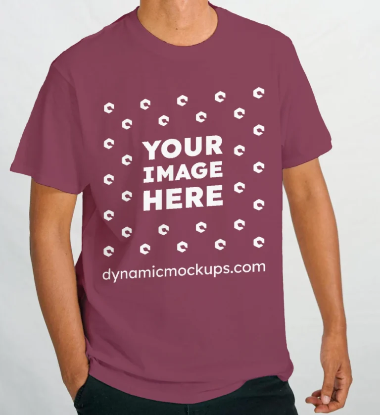 Man Wearing Maroon T-shirt Mockup Front View Template