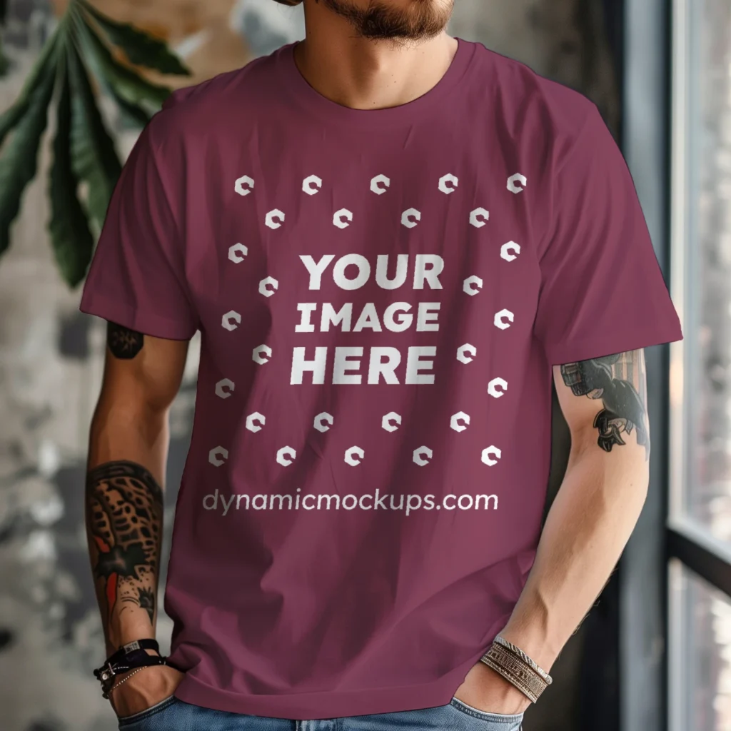 Man Wearing Maroon T-shirt Mockup Front View Template