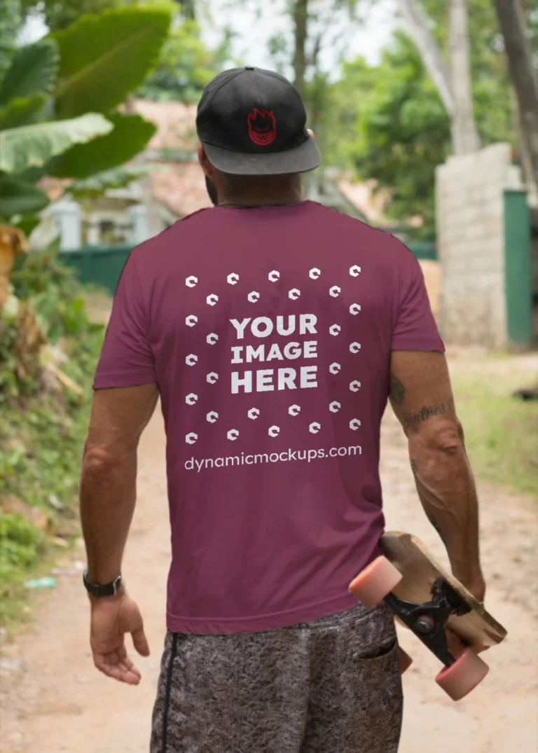 Man Wearing Maroon T-shirt Mockup Back View Template