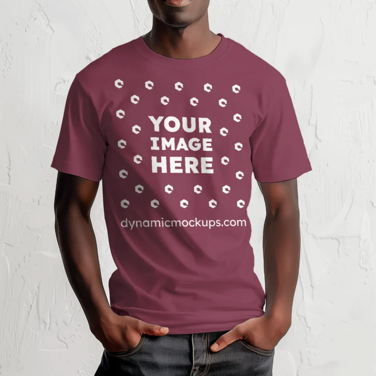 Man Wearing Maroon T-shirt Mockup Front View Template