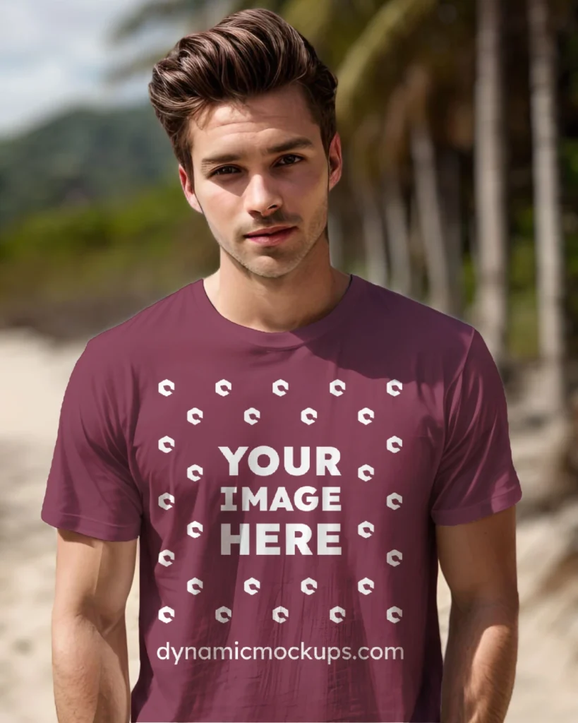 Man Wearing Maroon T-shirt Mockup Front View Template