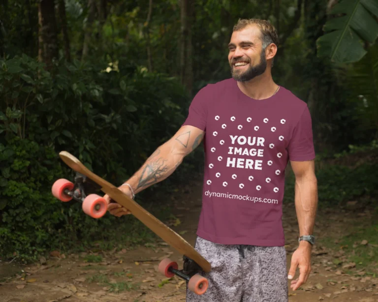 Man Wearing Maroon T-shirt Mockup Front View Template