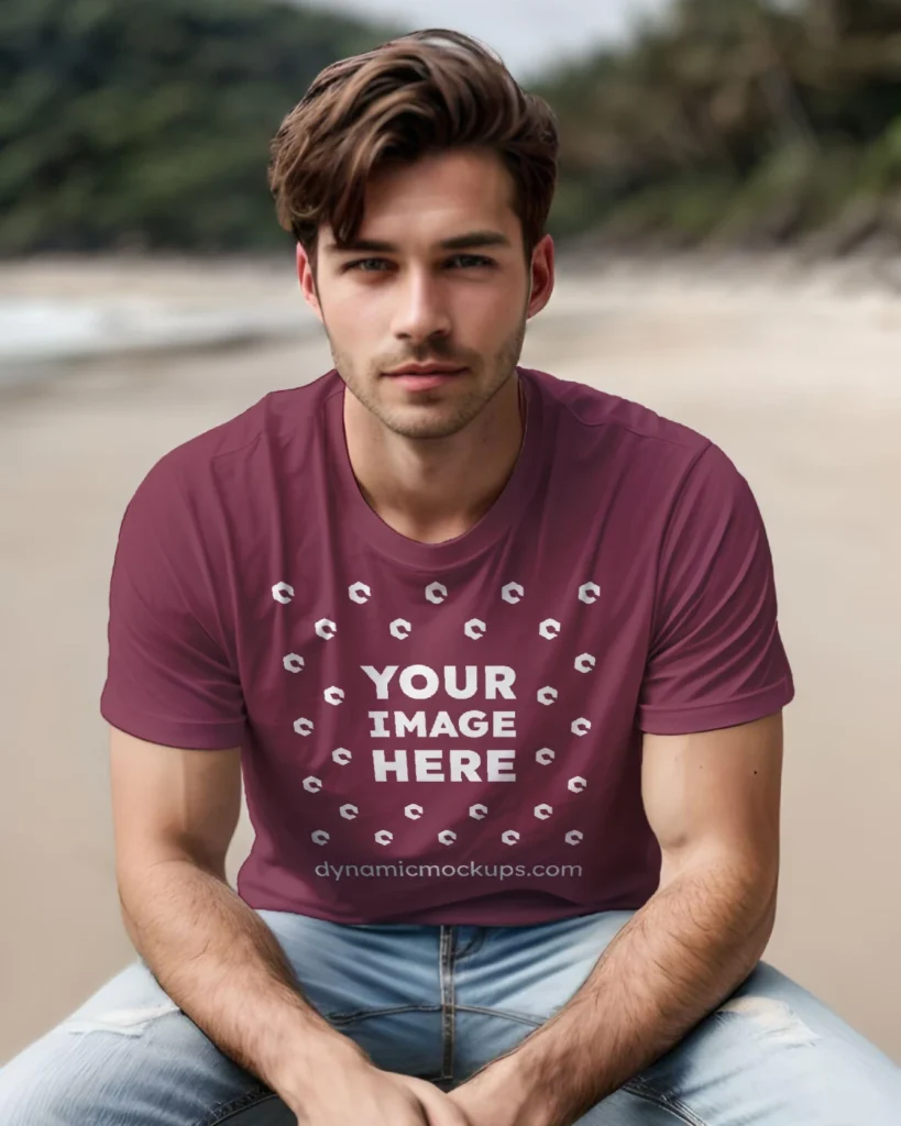 Man Wearing Maroon T-shirt Mockup Front View Template