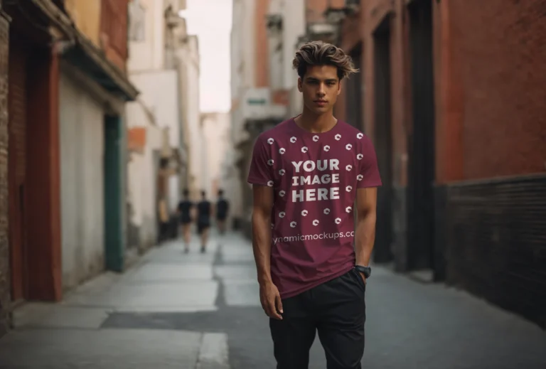 Man Wearing Maroon T-shirt Mockup Front View Template