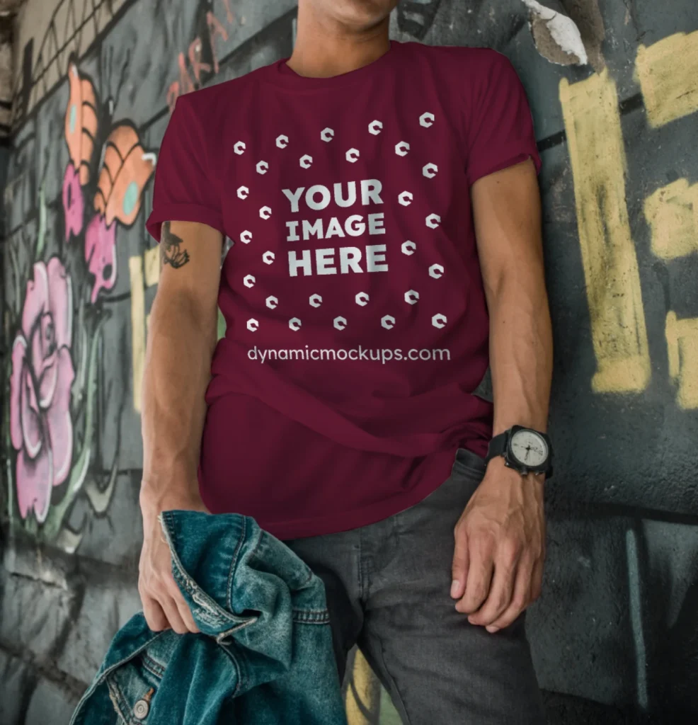 Man Wearing Maroon T-shirt Mockup Front View Template