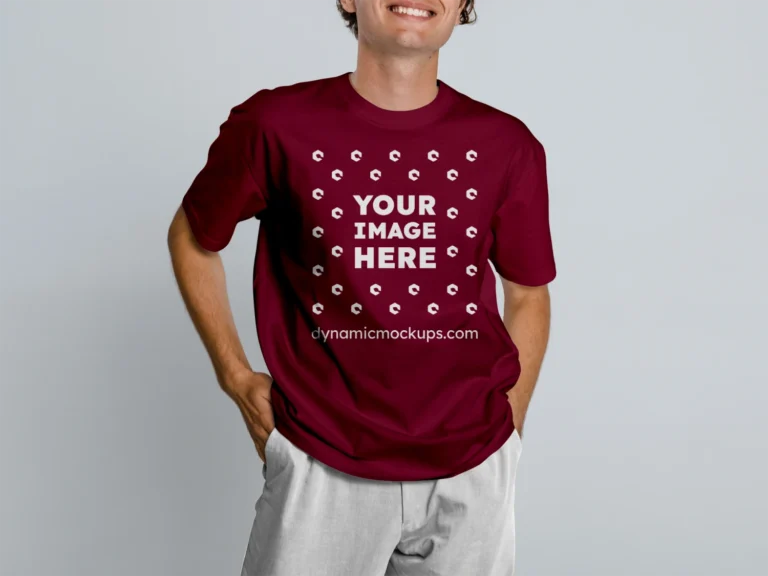 Man Wearing Maroon T-shirt Mockup Front View Template