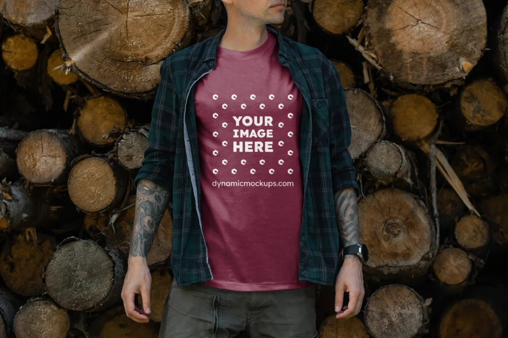 Man Wearing Maroon T-shirt Mockup Front View Template