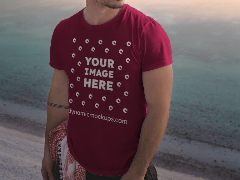 Man Wearing Maroon T-shirt Mockup Front View Template