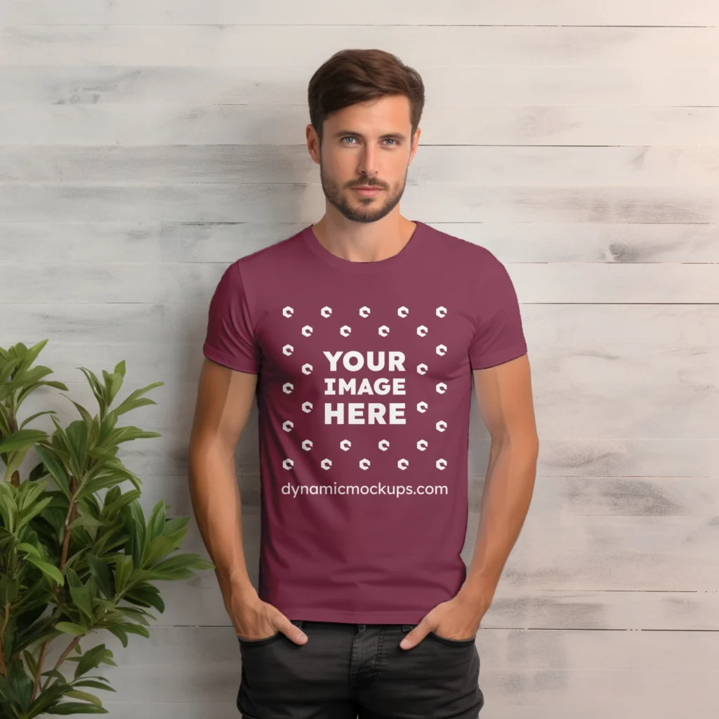 Man Wearing Maroon T-shirt Mockup Front View Template