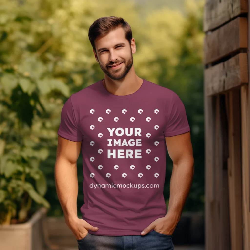 Man Wearing Maroon T-shirt Mockup Front View Template