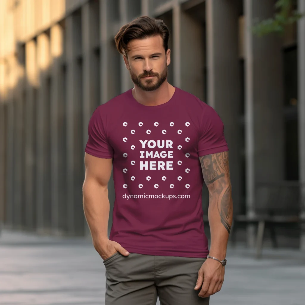 Man Wearing Maroon T-shirt Mockup Front View Template