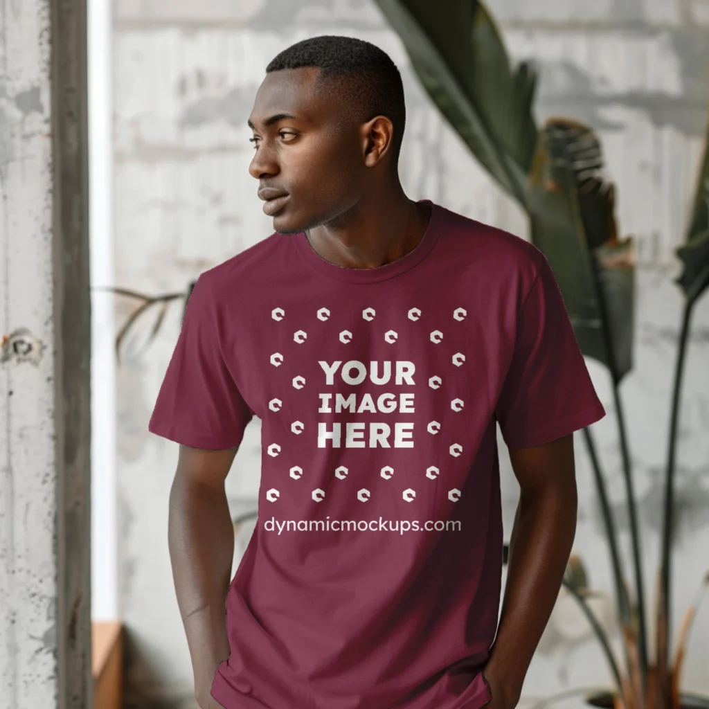 Man Wearing Maroon T-shirt Mockup Front View Template