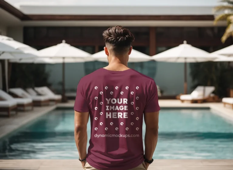 Man Wearing Maroon T-shirt Mockup Back View Template