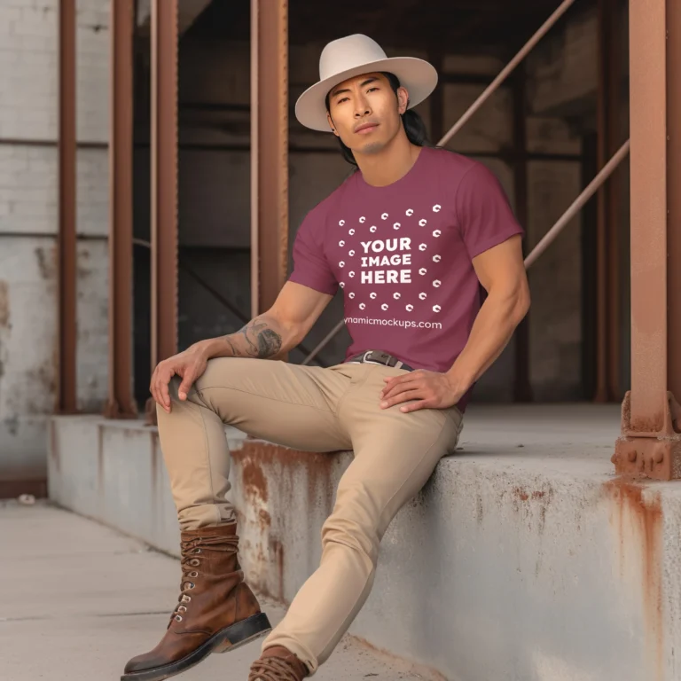 Man Wearing Maroon T-shirt Mockup Front View Template