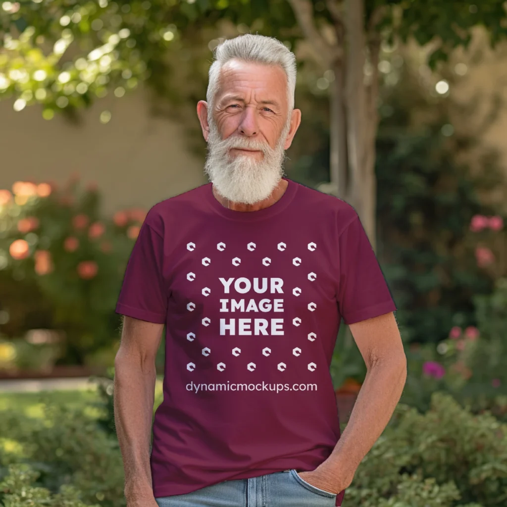 Man Wearing Maroon T-shirt Mockup Front View Template