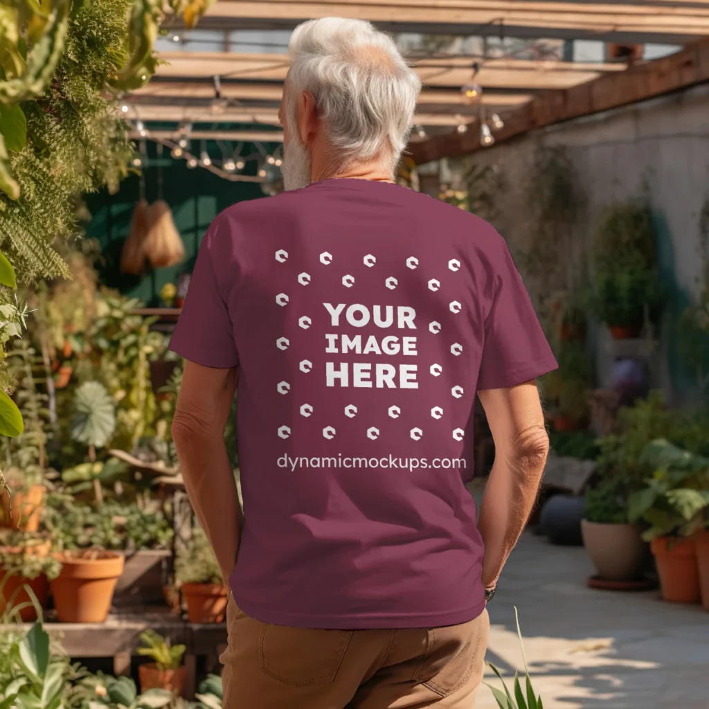 Man Wearing Maroon T-shirt Mockup Back View Template