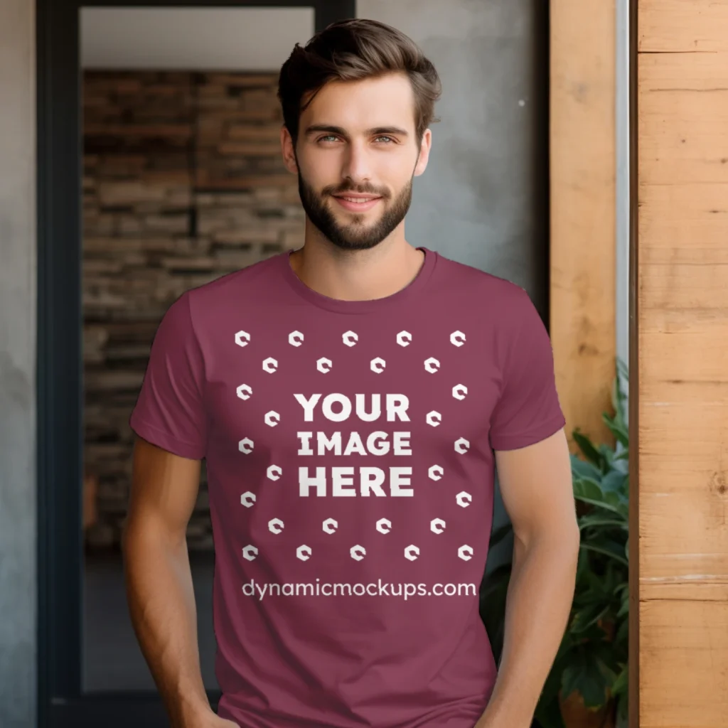 Man Wearing Maroon T-shirt Mockup Front View Template