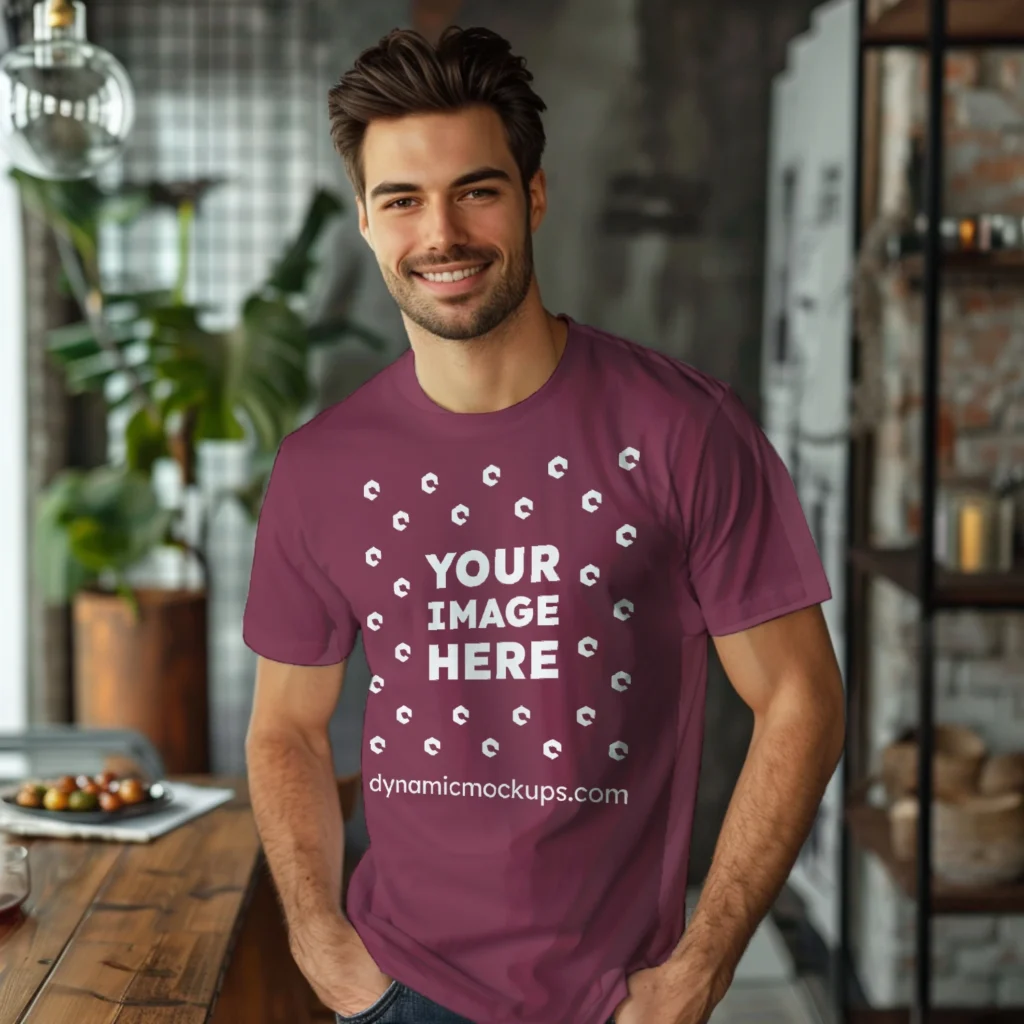 Man Wearing Maroon T-shirt Mockup Front View Template