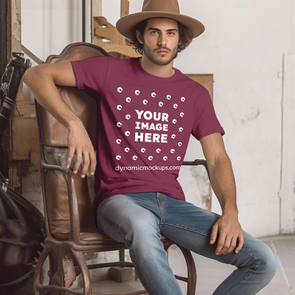 Man Wearing Maroon T-shirt Mockup Front View Template