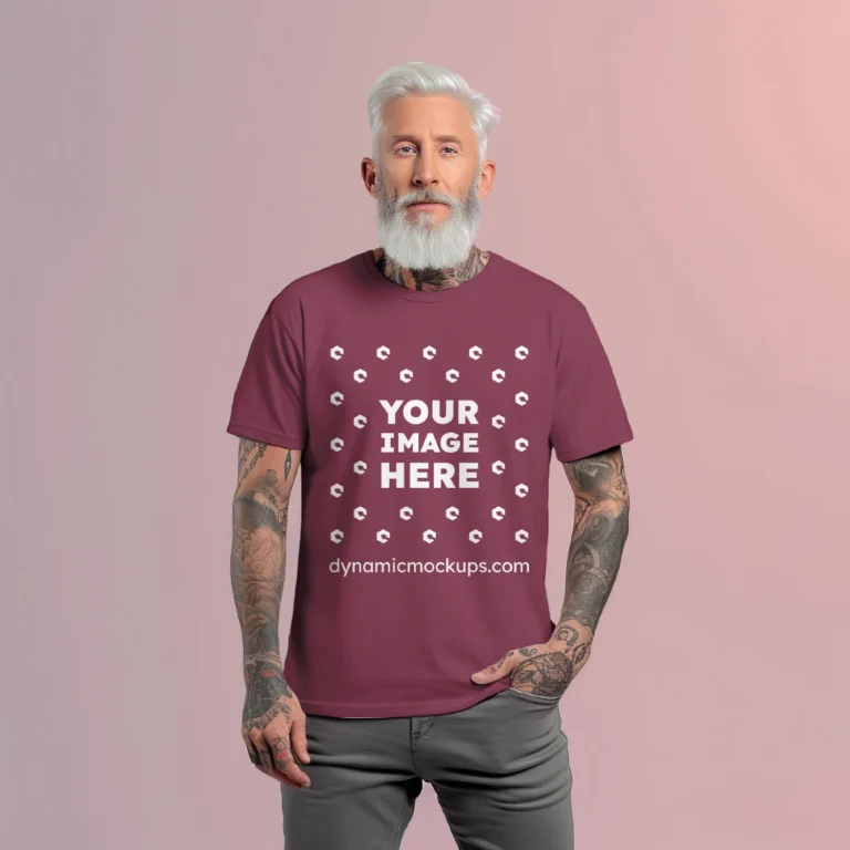 Man Wearing Maroon T-shirt Mockup Front View Template