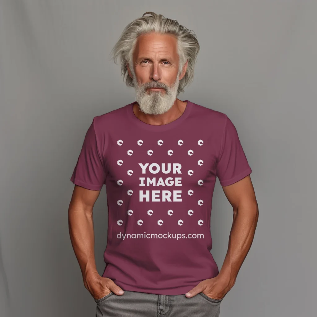 Man Wearing Maroon T-shirt Mockup Front View Template