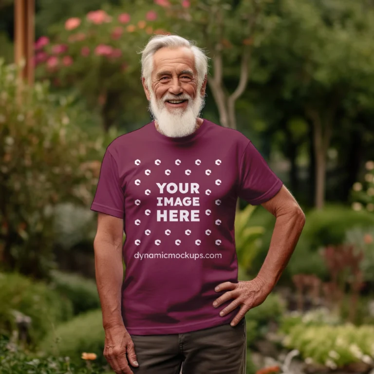 Man Wearing Maroon T-shirt Mockup Front View Template