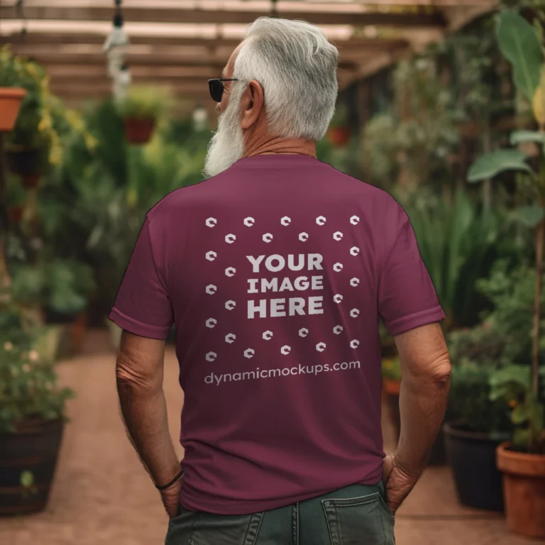 Man Wearing Maroon T-shirt Mockup Back View Template