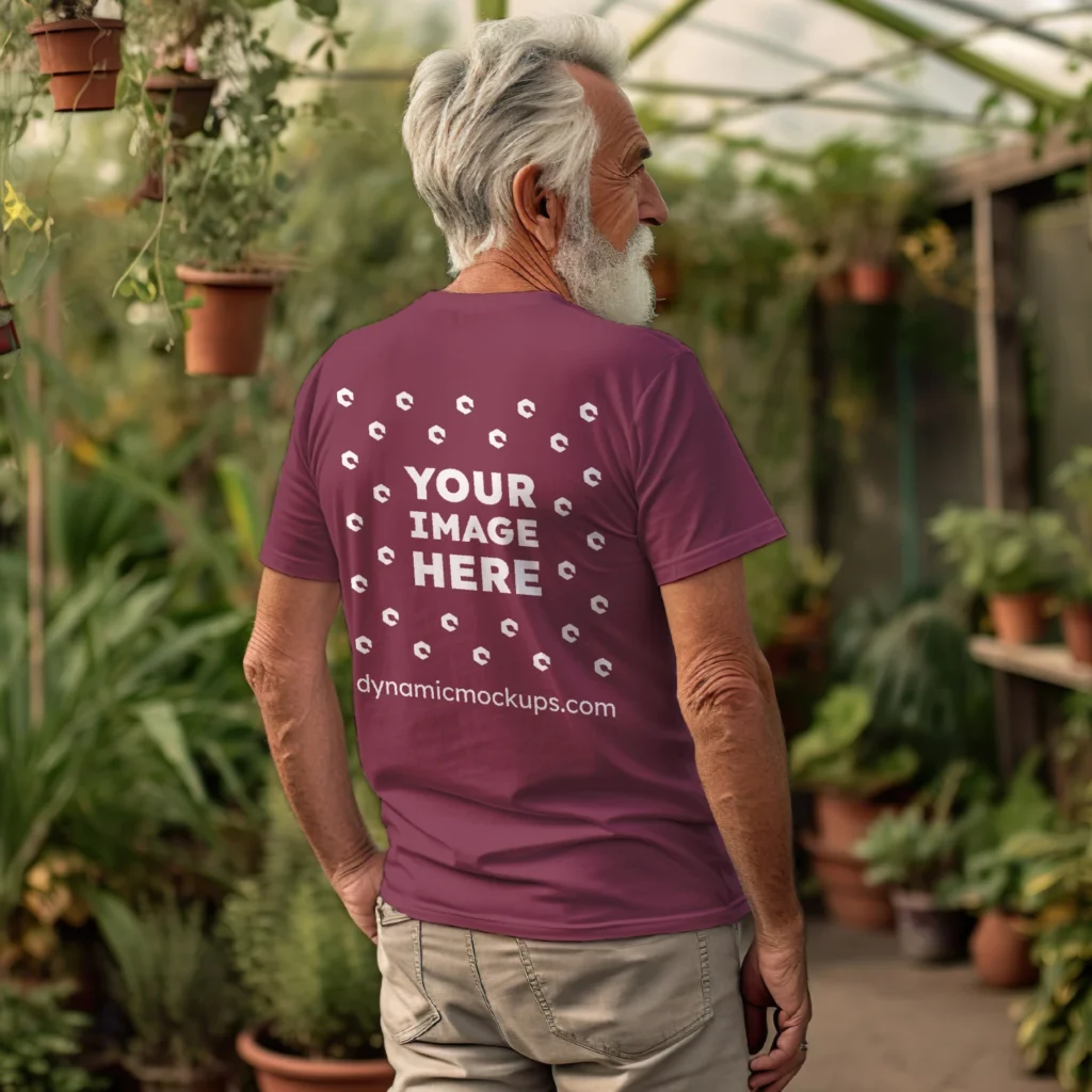 Man Wearing Maroon T-shirt Mockup Back View Template