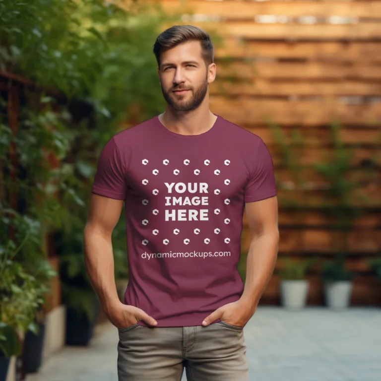 Man Wearing Maroon T-shirt Mockup Front View Template