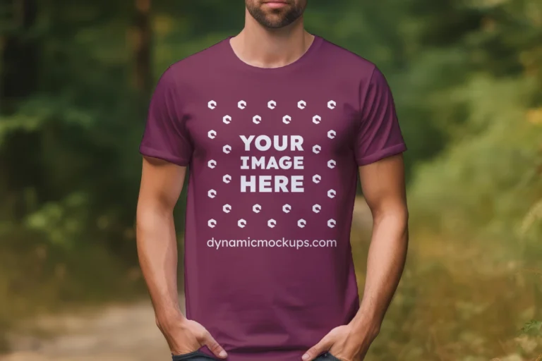 Man Wearing Maroon T-shirt Mockup Front View Template