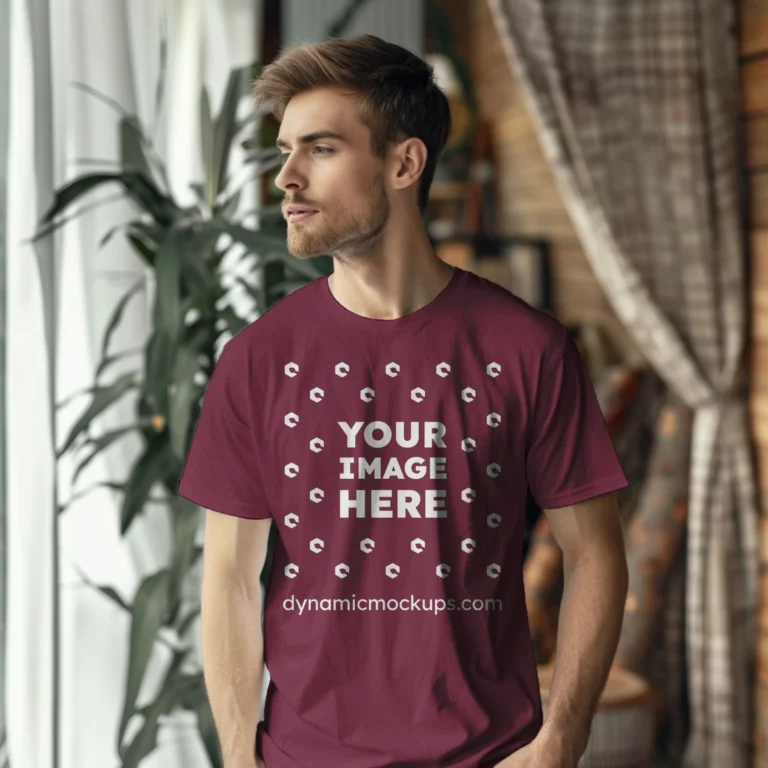 Man Wearing Maroon T-shirt Mockup Front View Template