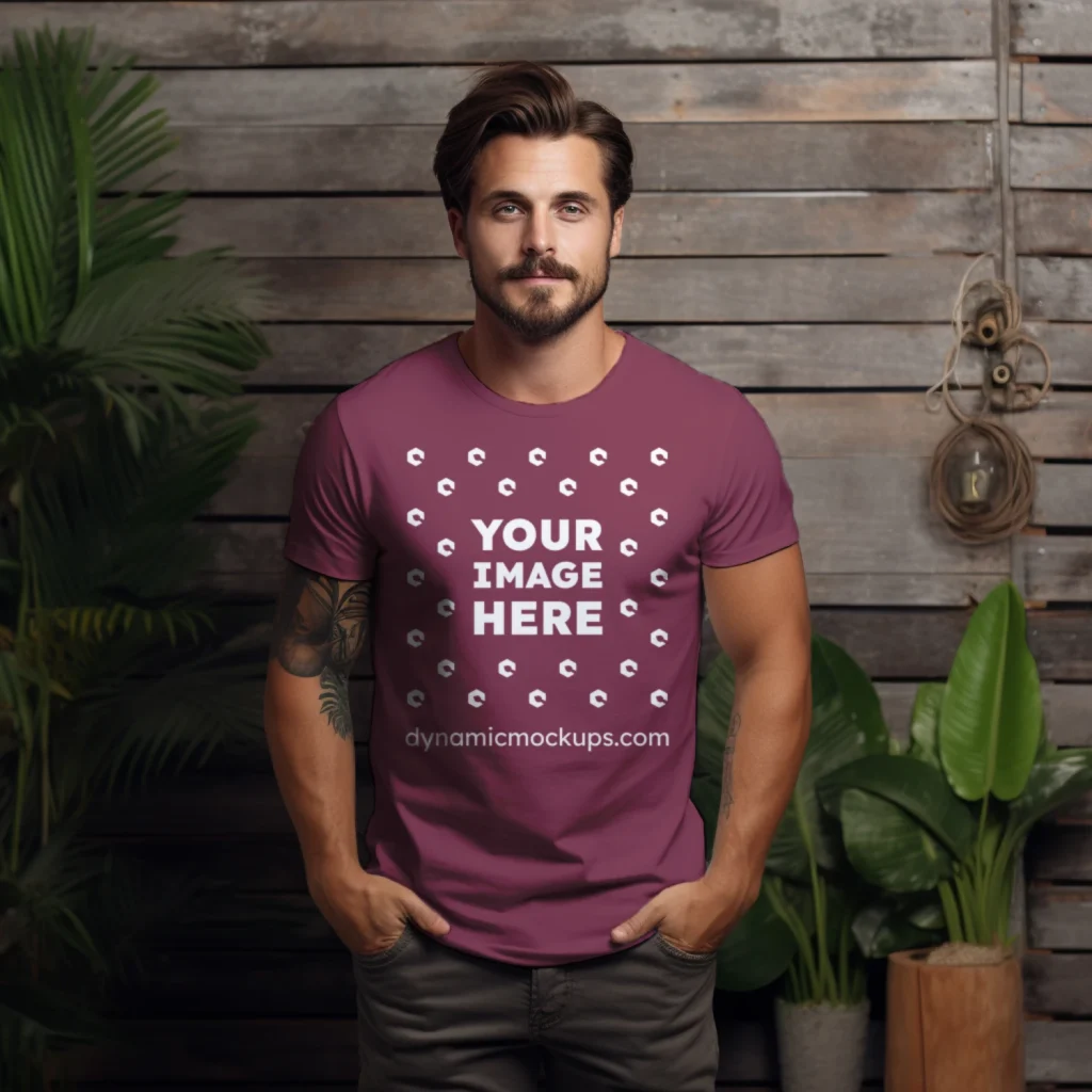 Man Wearing Maroon T-shirt Mockup Front View Template