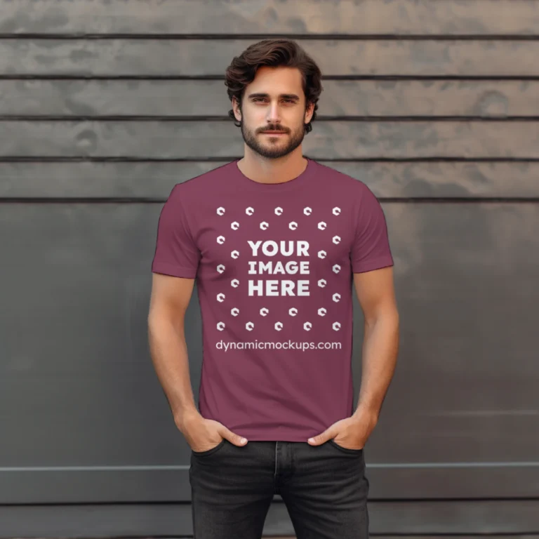 Man Wearing Maroon T-shirt Mockup Front View Template