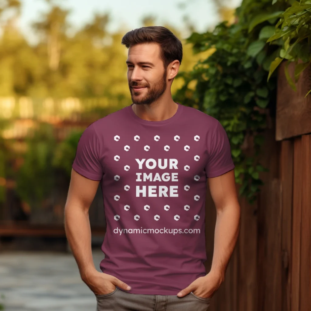 Man Wearing Maroon T-shirt Mockup Front View Template