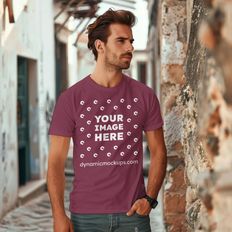 Man Wearing Maroon T-shirt Mockup Front View Template