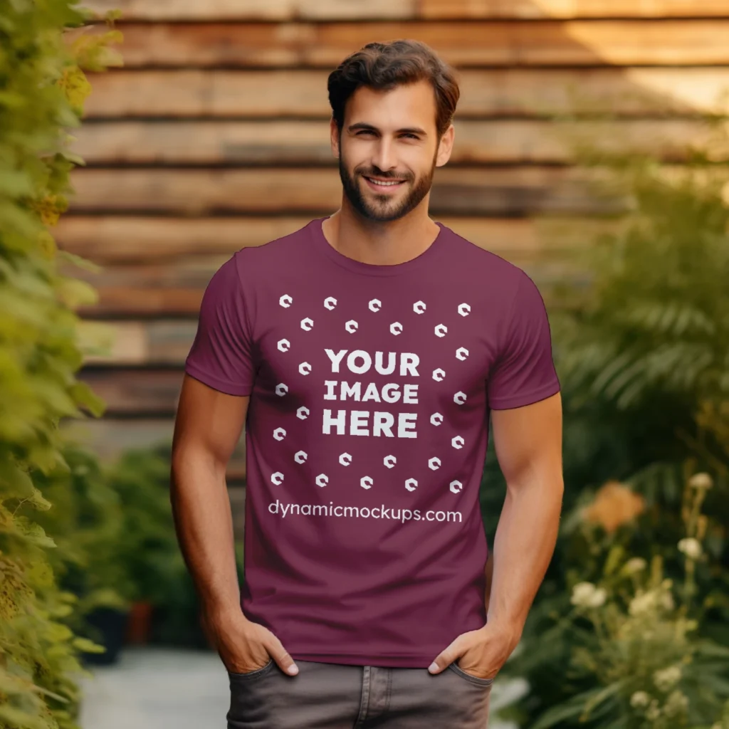 Man Wearing Maroon T-shirt Mockup Front View Template