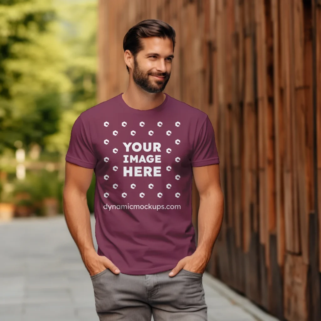 Man Wearing Maroon T-shirt Mockup Front View Template