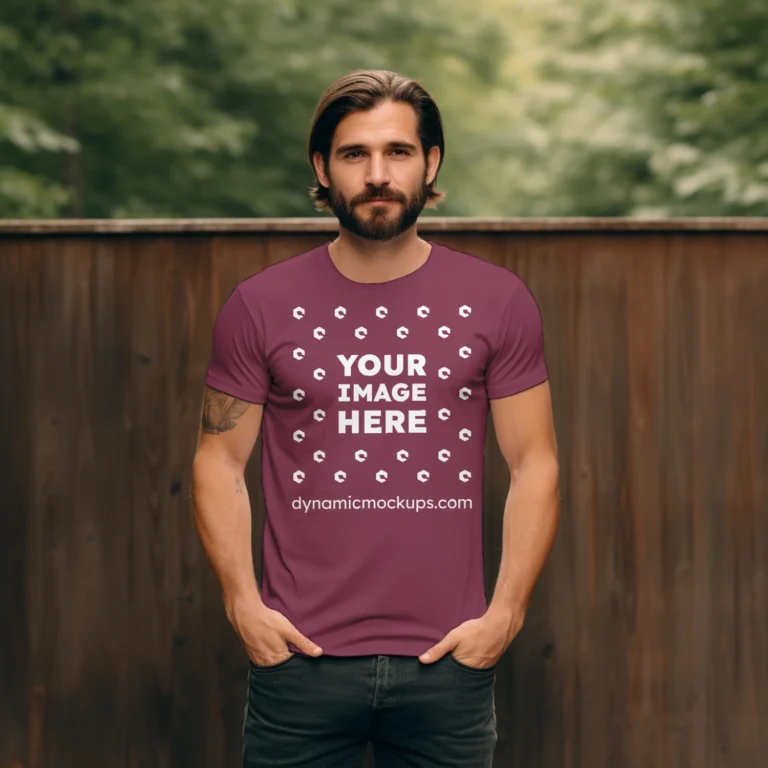 Man Wearing Maroon T-shirt Mockup Front View Template