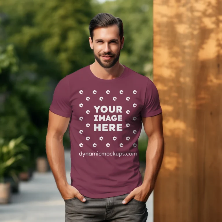 Man Wearing Maroon T-shirt Mockup Front View Template