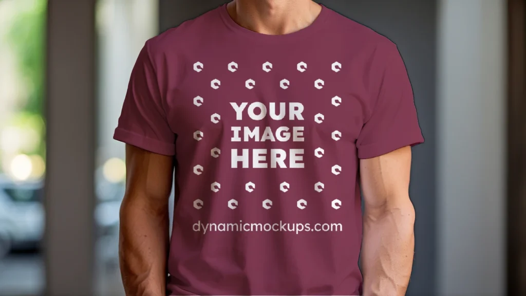 Man Wearing Maroon T-shirt Mockup Front View Template