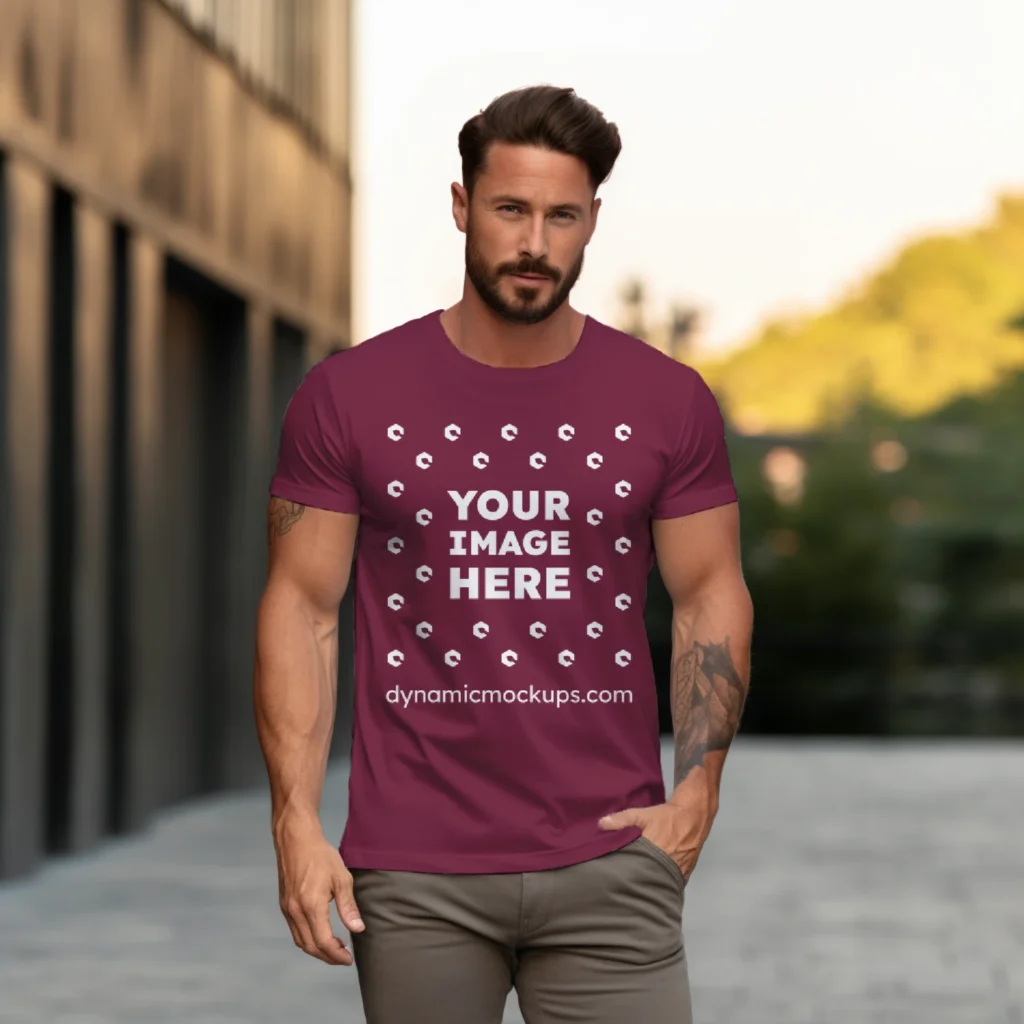 Man Wearing Maroon T-shirt Mockup Front View Template