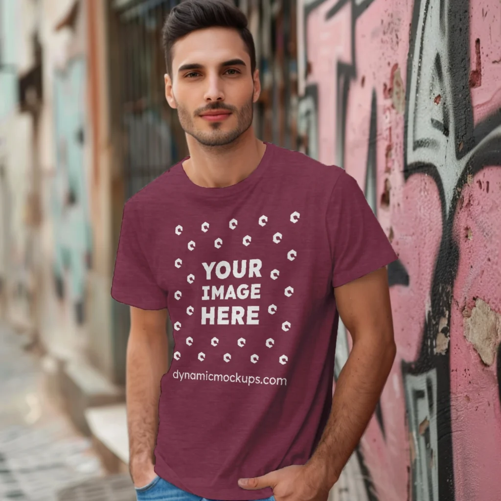 Man Wearing Maroon T-shirt Mockup Front View Template