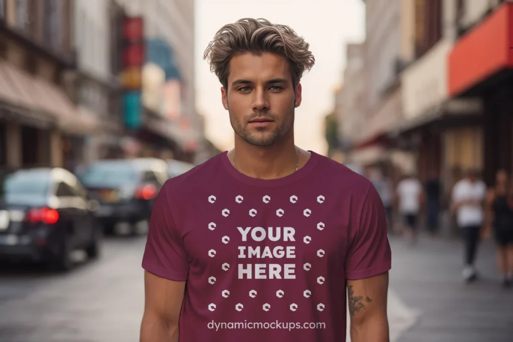 Man Wearing Maroon T-shirt Mockup Front View Template